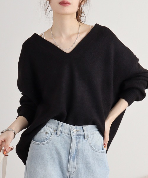 KITH & KIN ブラックニットセーター atONE（アットワン） ニット セーター ディープVネックセーター