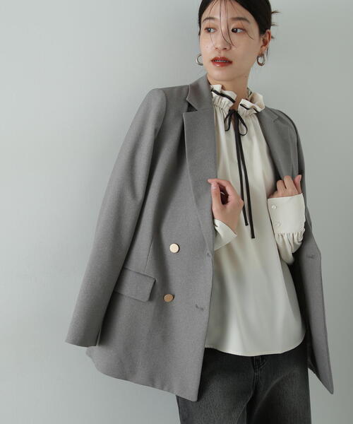 BEAUTY&YOUTH 日本製　とろみフリンジ ノーカラーブラウス N.Natural Beauty Basic ブラウス シャツ バイカラーリボン