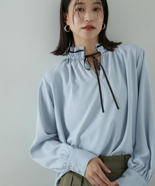 BEAUTY&YOUTH 日本製　とろみフリンジ ノーカラーブラウス N.Natural Beauty Basic ブラウス シャツ バイカラーリボン