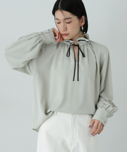 BEAUTY&YOUTH 日本製　とろみフリンジ ノーカラーブラウス N.Natural Beauty Basic ブラウス シャツ バイカラーリボン