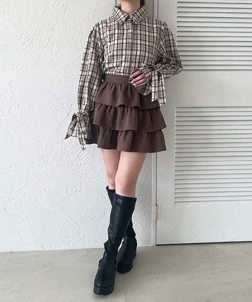 【美品】 Rene 袖リボン長袖フレアジャケット　36 白×黒 チェック apres jour（アプレジュール） ブラウス シャツ 袖リボンアソート