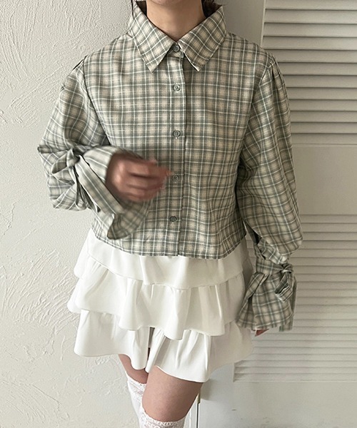 【美品】 Rene 袖リボン長袖フレアジャケット　36 白×黒 チェック 美品】 Rene 袖リボン長袖フレアジャケット 36 白×黒 チェック Rene