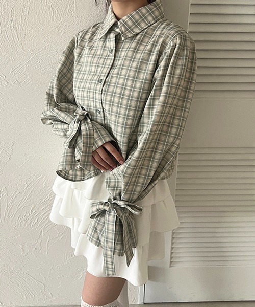 【美品】 Rene 袖リボン長袖フレアジャケット　36 白×黒 チェック 美品】 Rene 袖リボン長袖フレアジャケット 36 白×黒 チェック Rene