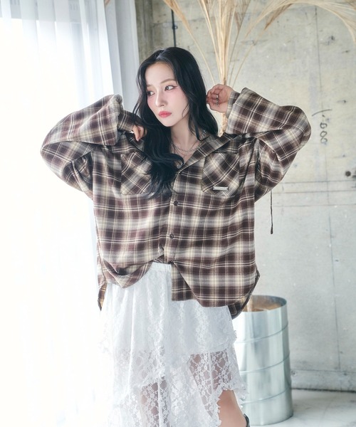 ブラウス シャツ UNISEX チェックフーディシャツ レディース