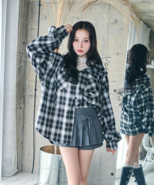 ブラウス シャツ UNISEX チェックフーディシャツ レディース