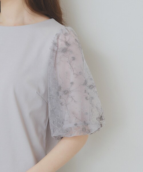 tシャツ バルーンスリーブ  シアーオーガンジー トップス レディース Re:EDIT Tシャツ トップス カットソー レディース 半袖 バルーン