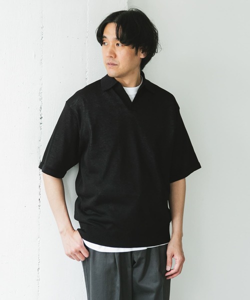 Sefr MATESHORTSLEEVEリネン100%スキッパーニットポロシャツ Sefr MATESHORTSLEEVEリネン100%スキッパーニットポロシャツ