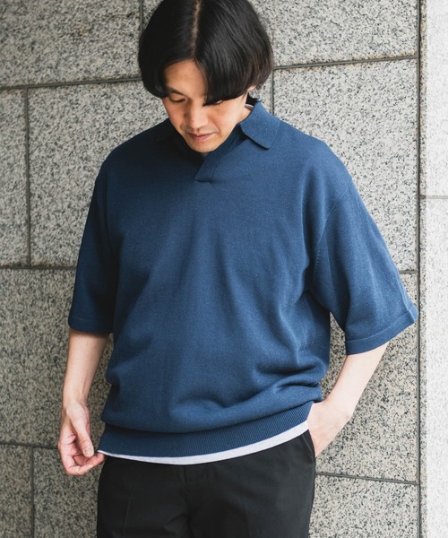 HOMME DEUX ネイビー ジッパー付き ポロシャツ URBAN RESEARCH DOORS ポロシャツ リネン混ハイゲージ