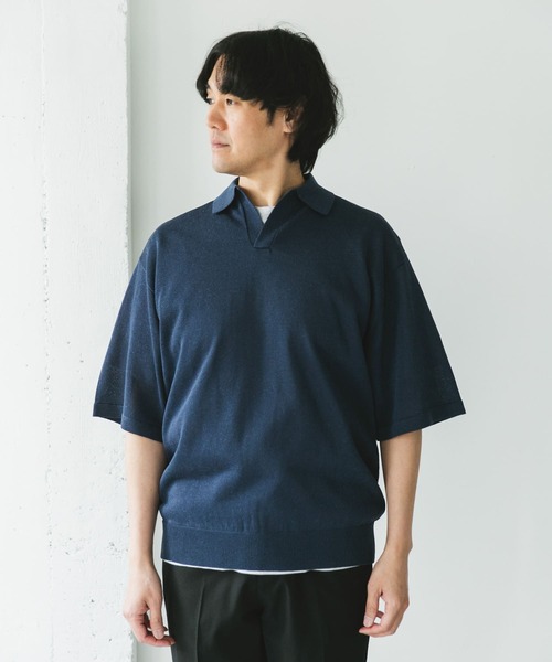 SATUR ネイビー ポロシャツスタイル ニット ニット ポロシャツ ネイビー – MINIMAL WARDROBE（ミニマル