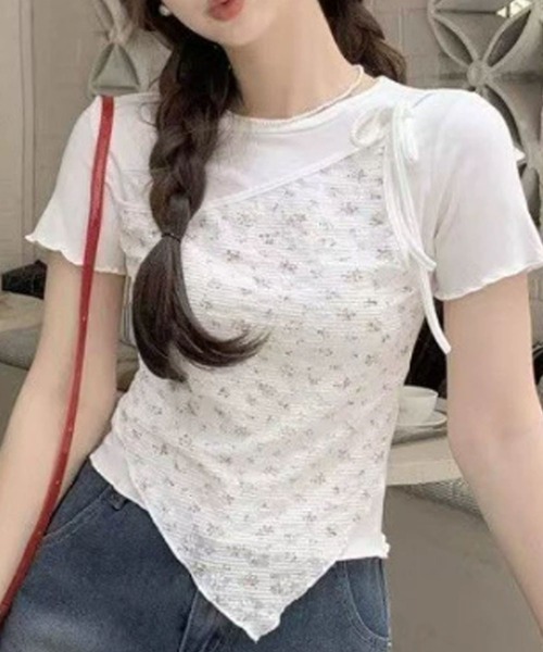 ROOP TOKYO tシャツ 半袖 花柄レース半袖ニットトップス 夏物 夏服 