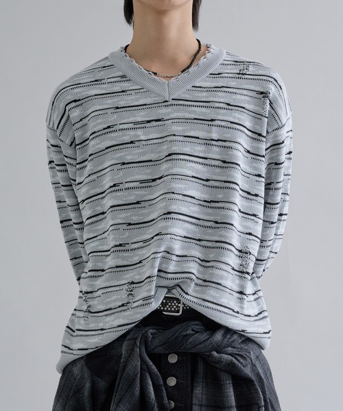 ニット/セーター vintage border tops セーター ニット Distressed Border V-Neck Knit / ディストレスト