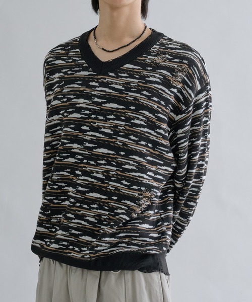 ボーダーデザイン ニットセーター セーター ニット Distressed Border V-Neck Knit / ディストレスト