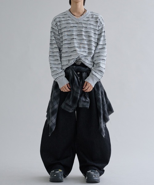 セーター ニット Distressed Border V-Neck Knit / ディストレスト