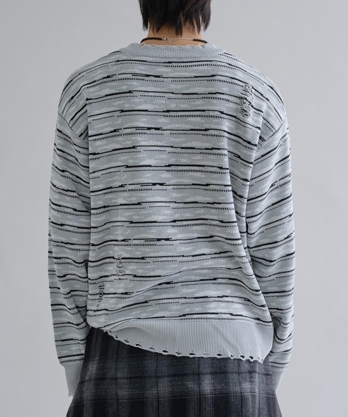未使用★Border クルーネックニット セーター ニット Distressed Border V-Neck Knit / ディストレスト