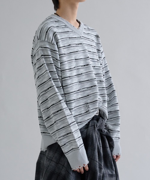 セーター ニット Distressed Border V-Neck Knit / ディストレスト