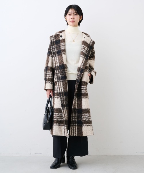 IEDIT（イディット） ノーカラーコート コート チェックが印象的に着