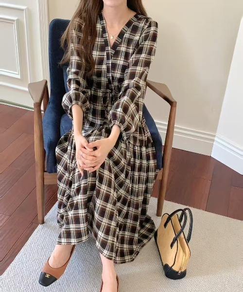 FINEnough ワンピース オンブレチェックカシュクールワンピース