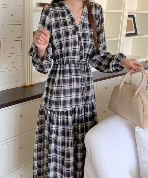 FINEnough ワンピース オンブレチェックカシュクールワンピース