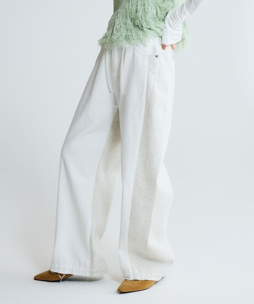 ワイドパンツ ジーンズ デニム デニムパンツ スウェットコンビデニムパンツ/645263 レディースの画像