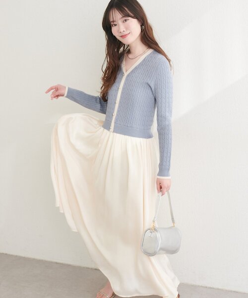 natural couture ワンピース ニットドッキングサテンワンピース