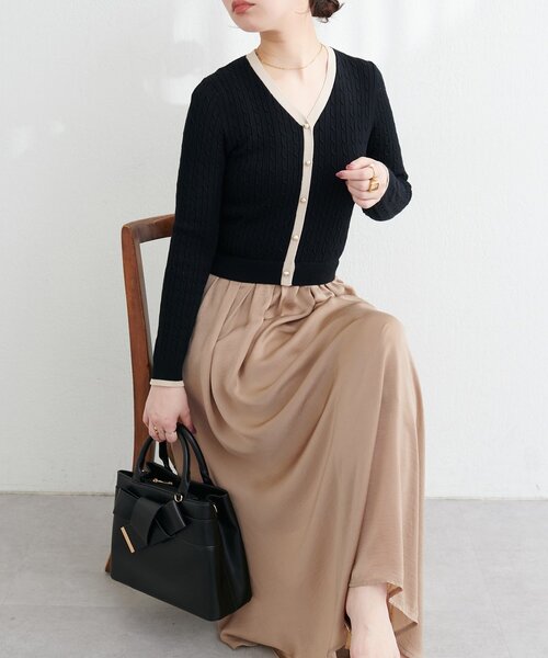 natural couture ワンピース ニットドッキングサテンワンピース