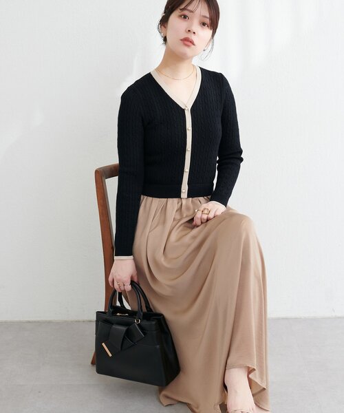 natural couture ワンピース ニットドッキングサテンワンピース