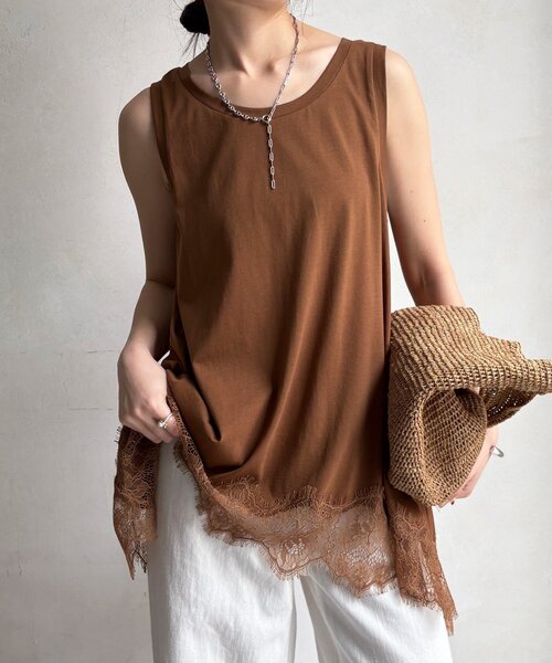 tシャツ ヘムレースタンク レディースの画像