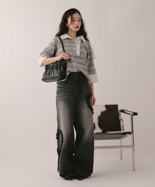 loin nuit ロワンニュイ レースフリルポロトップス ネイビー loin nuit tシャツ 半袖 lace frill polo tops / レースフリルポロ