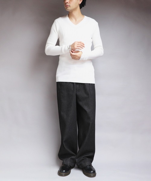 STONE  リブ編みニットセーター 8 セーター ニット リブ編み Vネック ニットセーター メンズ