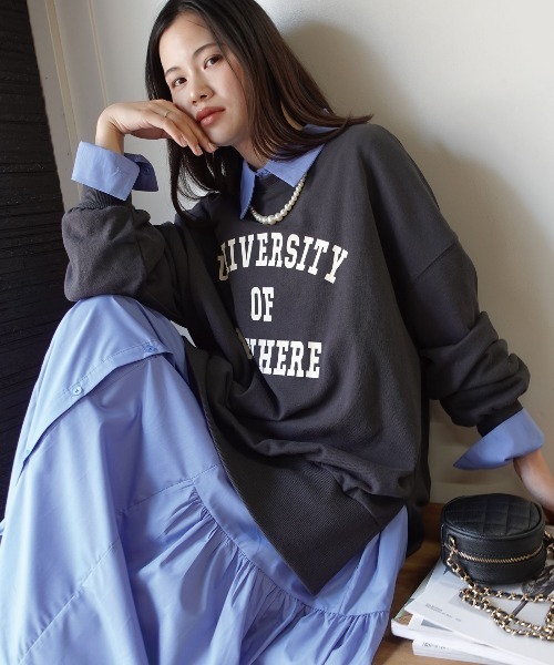 KRY 新品トップス スウェットトレーナー ゆったりサイズ ブラック×ピンク CORNERS トレーナー スウェット サイドスリットビッグカレッジ