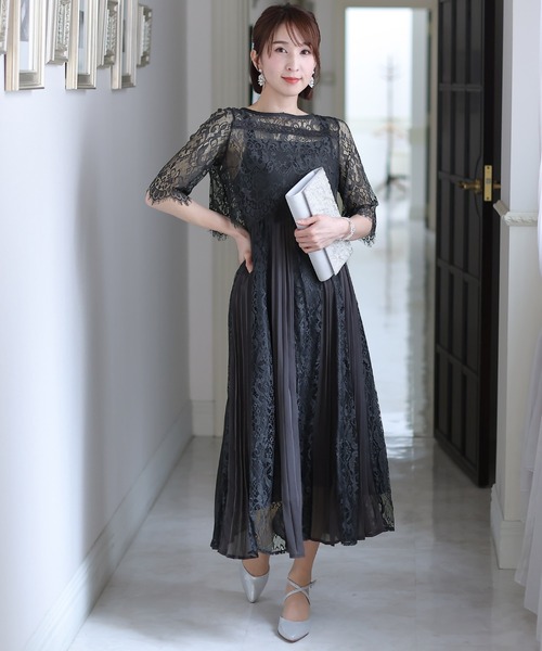 PourVous ドレス 結婚式 パーティードレス バックリボンミモレ丈