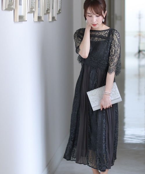 PourVous ドレス 結婚式 パーティードレス バックリボンミモレ丈