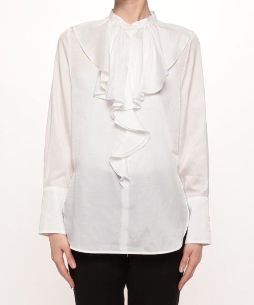 シャツ ブラウス キュプラコットンツイルラッフルスラッシュブラウス 