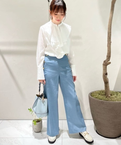 シャツ ブラウス キュプラコットンツイルラッフルスラッシュブラウス 