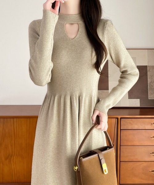 Diosfront ワンピース カットアウトリブニット切替フレアワンピース  