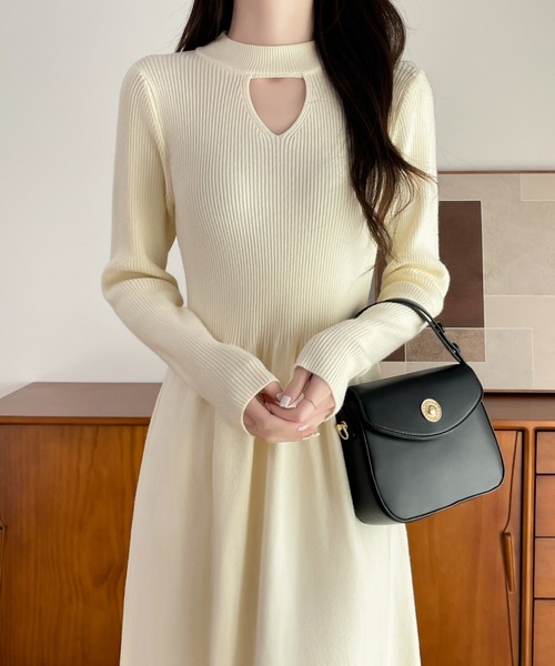 Diosfront ワンピース カットアウトリブニット切替フレアワンピース