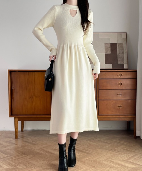 Diosfront ワンピース カットアウトリブニット切替フレアワンピース