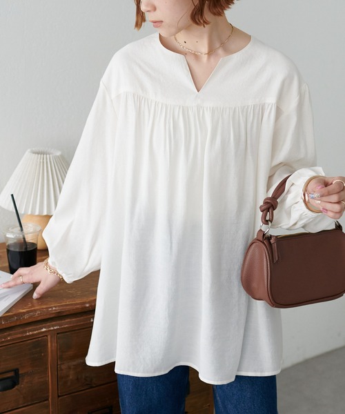 ディスコート新品ギャザーカットソー トップス Discoat（ディスコート） ブラウス シャツ 「WEB限定」キーネック