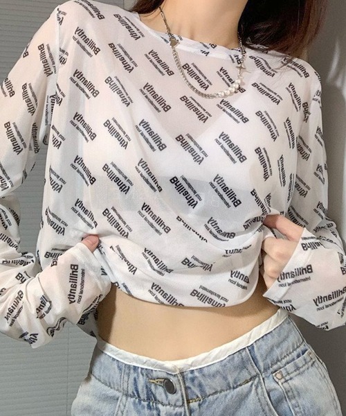 tシャツ Tシャツ 総柄ロゴプリント シアーロンT レディース : ZOZOTOWN