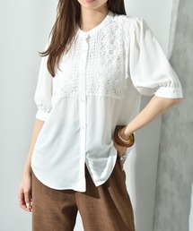 INTERPLANET ブラウス シャツ デシン＊レース5分袖ブラウス