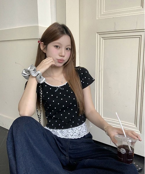 tシャツ Tシャツ Y2K リボンドット柄レーストップス レディース 