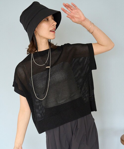 【BLACK】メッシュ ハーフスリーブ ニット UNFILO（アンフィーロ） ニット セーター メッシュ ハーフスリーブ