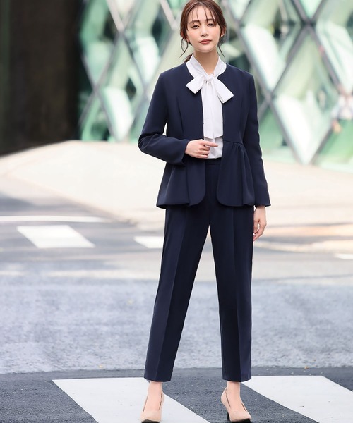Floliaランタンスリーブノーカラージャケット・テーパードパンツ セットアップ セール】ランタンスリーブノーカラージャケット・テーパード