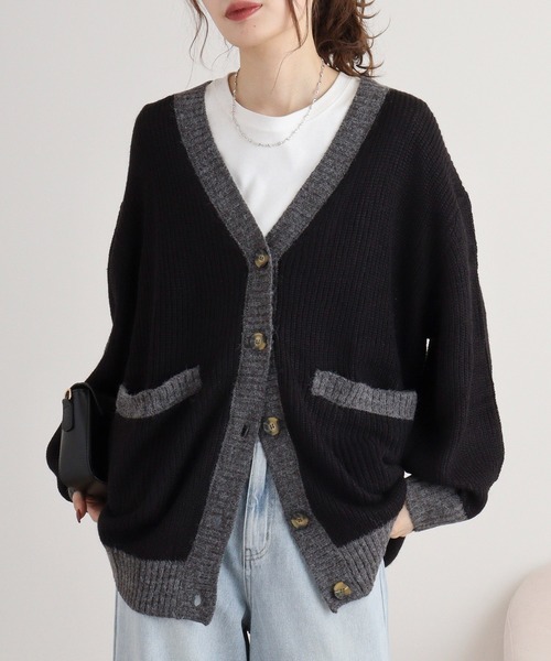 atONE（アットワン） カーディガン コンビネーションカラーVネック