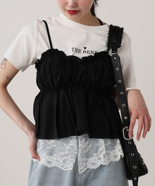 白レース付き黒アクセサリー付き半袖トップス2点セット新品タグ付L LUXSTYLE（ラグスタイル） tシャツ ネックレス付きレース半袖Tシャツ