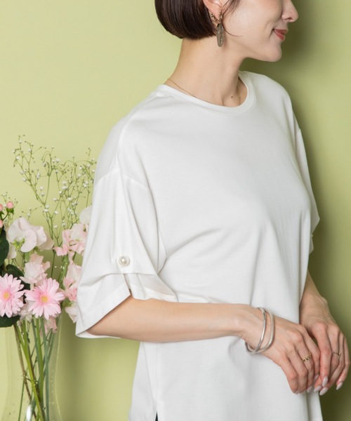 tシャツ 袖タックパール プルオーバーカットソー レディース