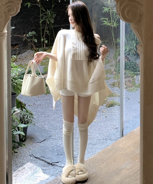 美品★慈雨　マルチカラー ボトルネックニット アシンメトリー 40 Jasmine Grandiflorum（ジャスミングランディフローラム） ポンチョ