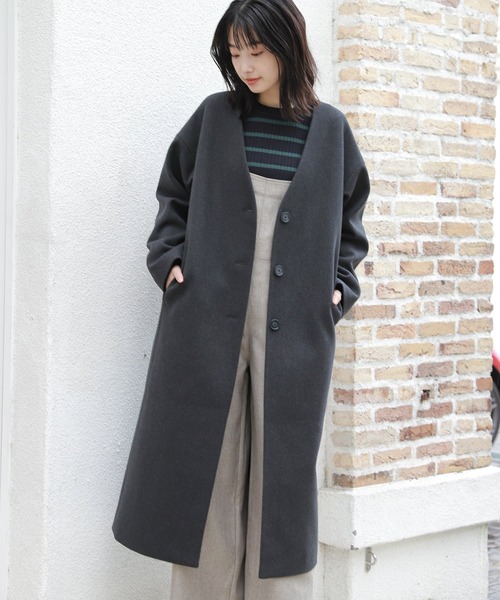 「LAKOLE」 ノーカラーコート MEDIUM チャコールグレー レディース_画像2
