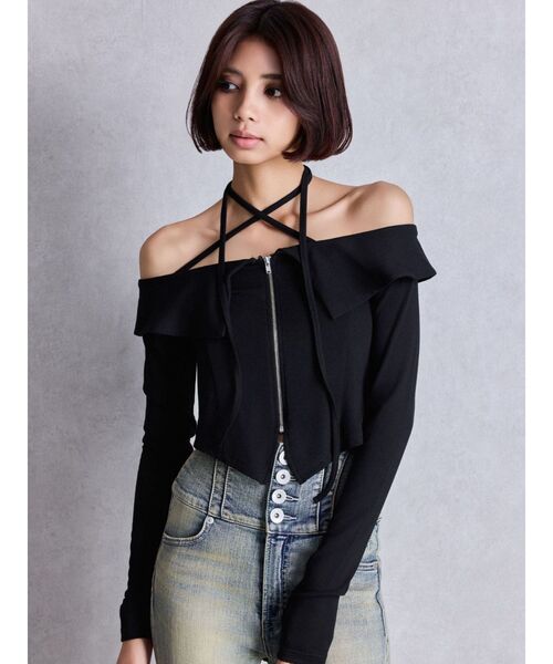 GYDA（ジェイダ） tシャツ フロントZIPクロスチョーカーショート