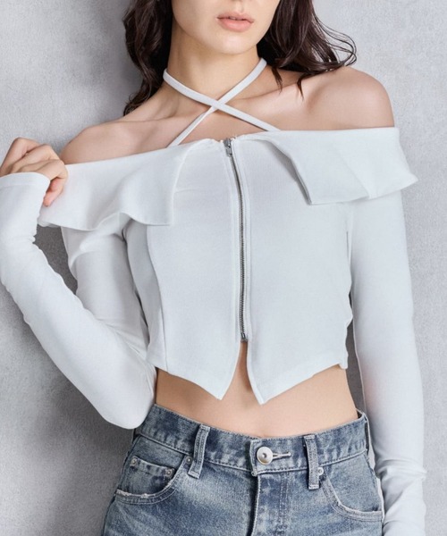 tシャツ フロントZIPクロスチョーカーショートトップス レディース